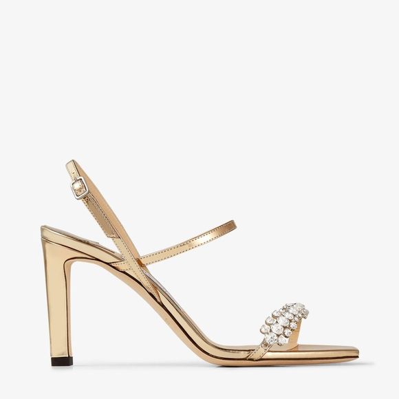 Jimmy Choo Meira 85 Gold Leather Sandals with Crystal Embellishment